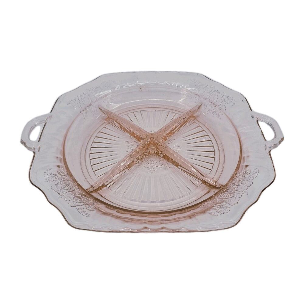Anchor Hocking MAYFAIR/ OPEN ROSE PINK 8 3/8” - 4 PART RELISH PLATE READ